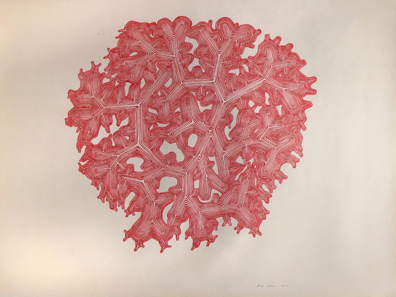 Stewart Helm, Red Snow Flake, 2019
colored inks on paper, 20" x 27.5" unframed 
SH-611
$3,600