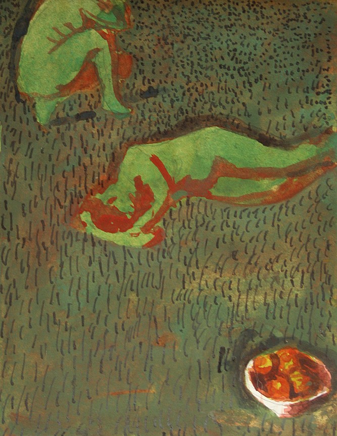 Chuck Bowdish 1959-2022, Sunbathers with Fruit
watercolor on paper, 5.875"" x 4.4375""  unframed
CB 351
Price Upon Request