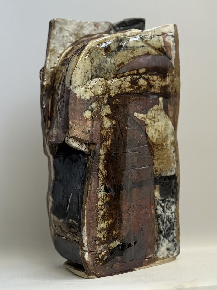 Mary Mackey, Dark Tower, 2026
12" H X 8.5" W x 4" D
Chestnut clay with iron oxide wash, color stains, clear glaze.
MY 008
Price Upon Request